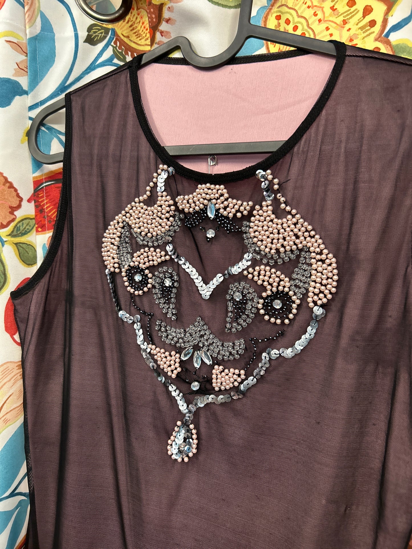 Y2k pink and black lace and sequins top