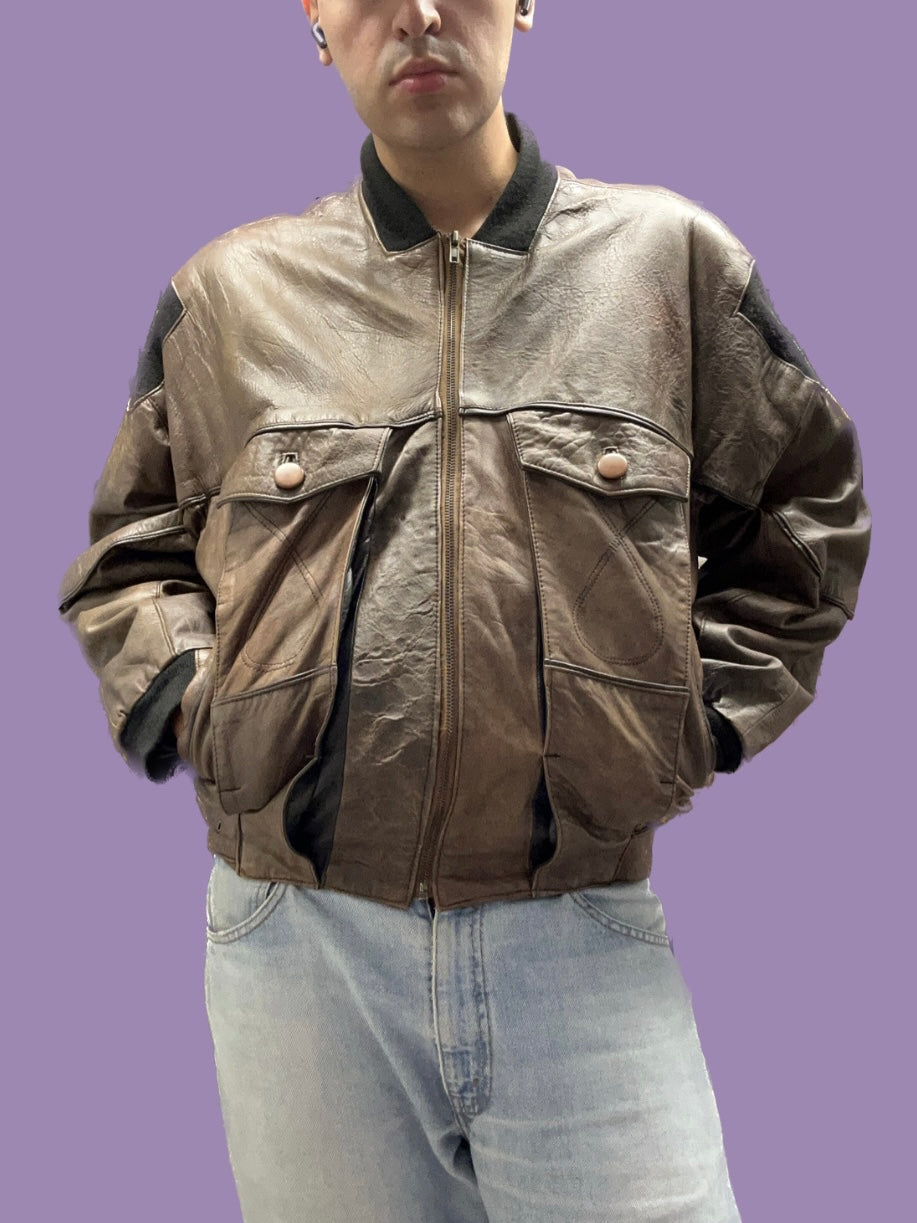 Brown 100% leather bomber jacket