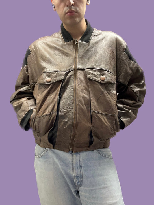 Brown 100% leather bomber jacket