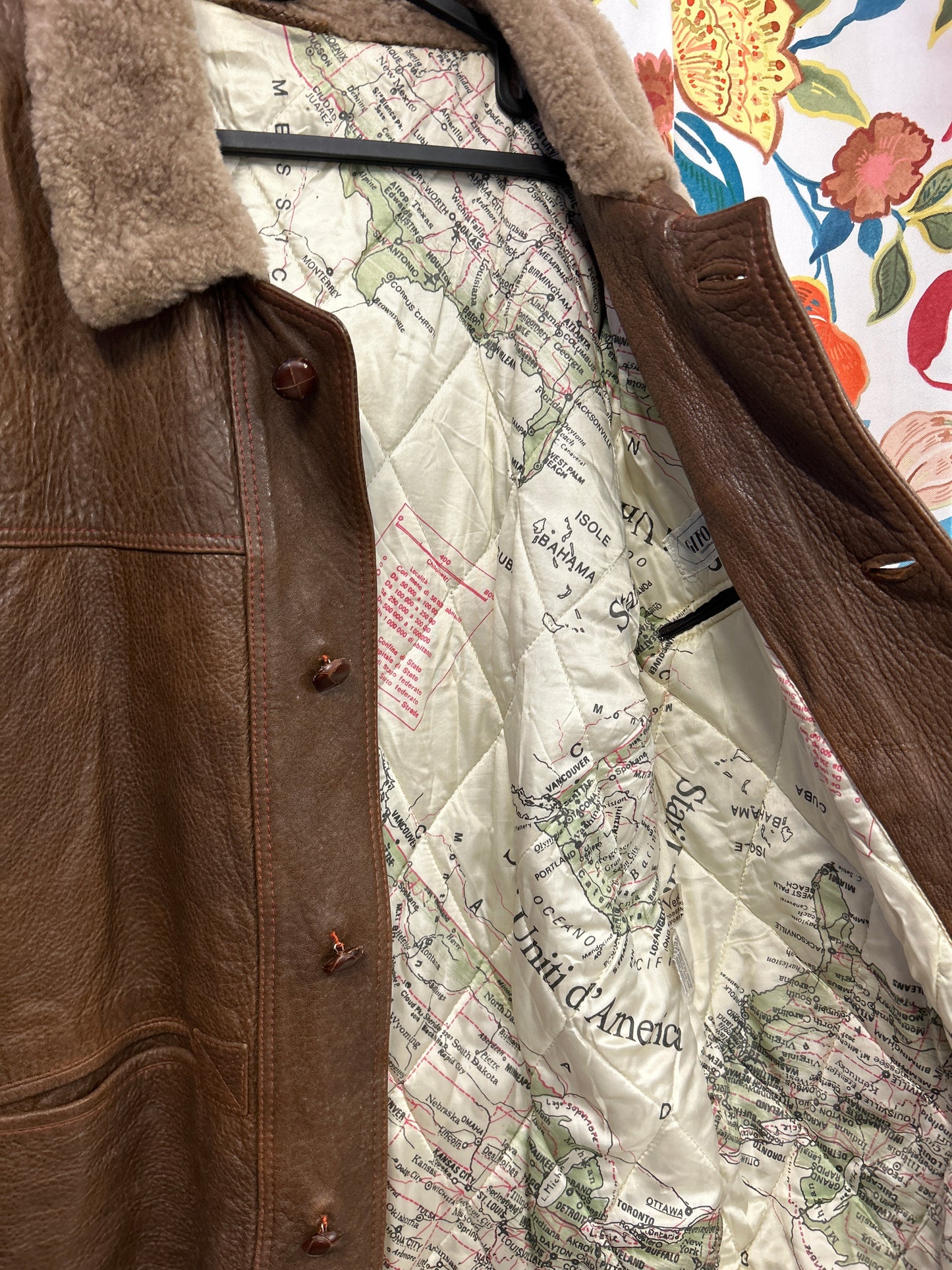 Dark brown heavy 100% leather jacket with map of America inside