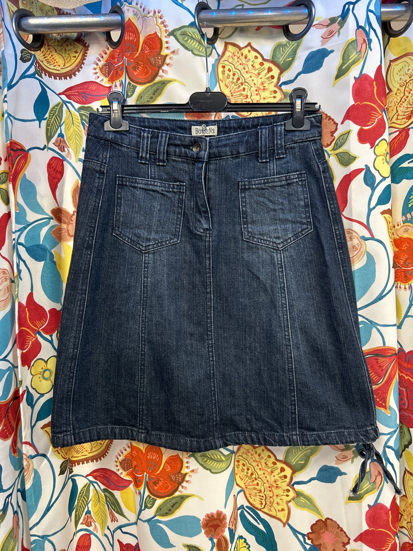 Y2K boysens dark denim midi skirt