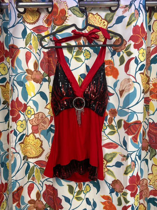 Y2k red sparkly halter top