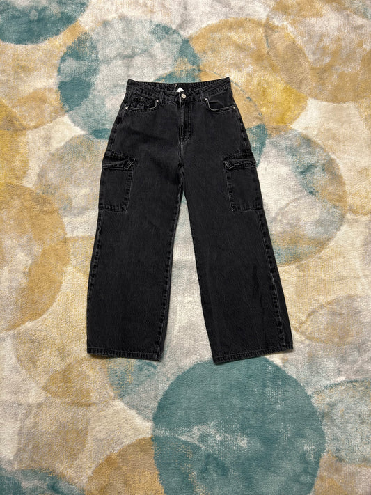 Black denim wide leg y2k cargo pants