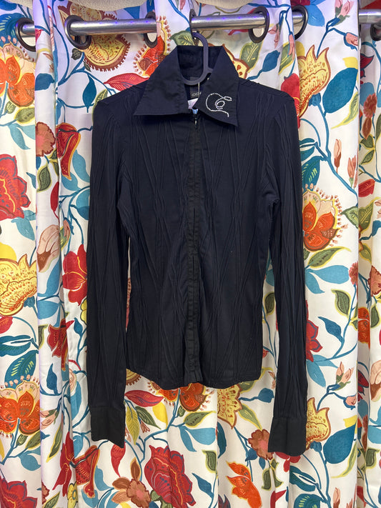Y2k black ribbed elastic collar shirt