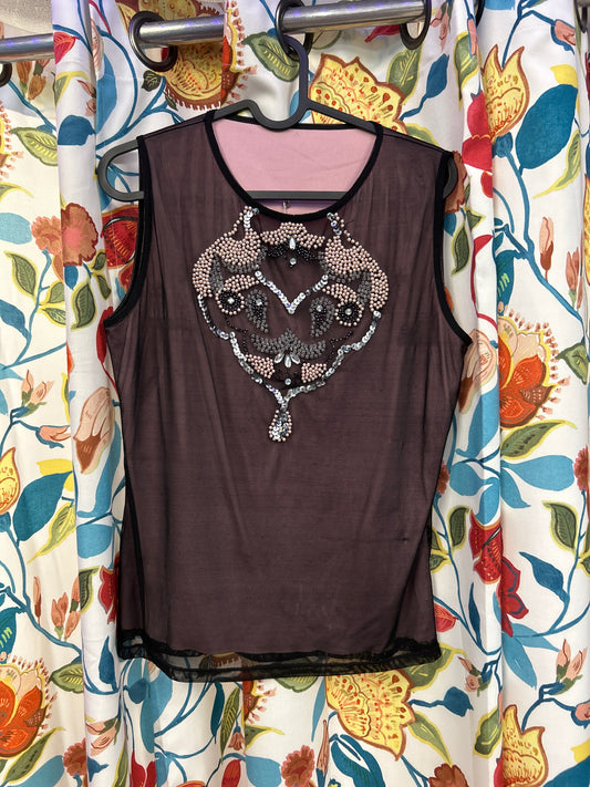 Y2k pink and black lace and sequins top