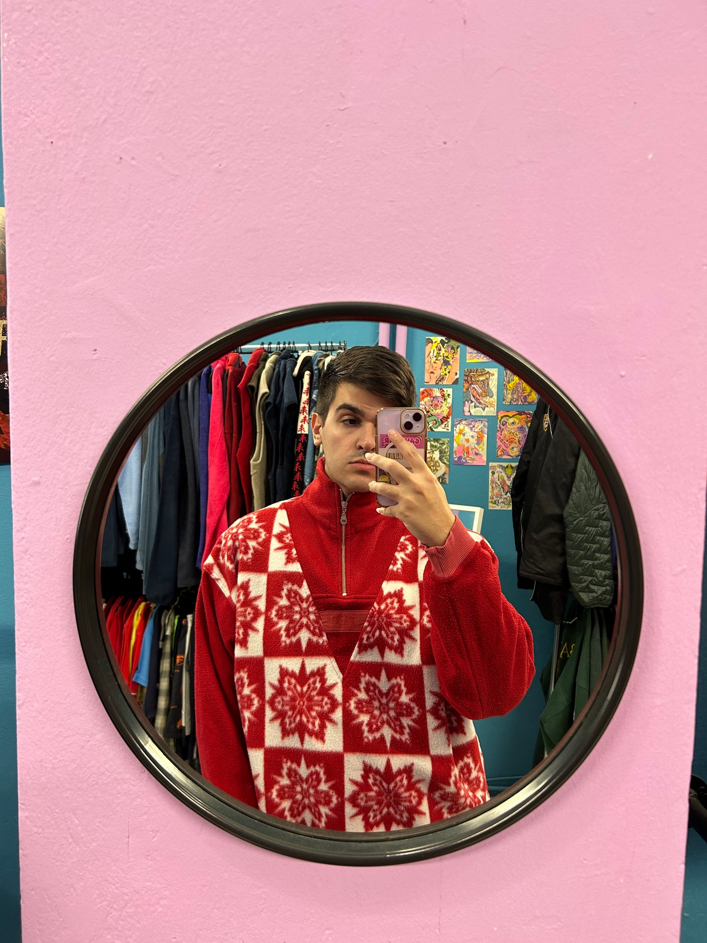 Retro red and white snowflake patterned fleece half-zip