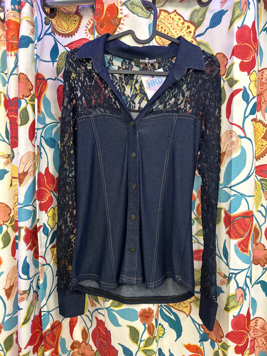 Y2k dark blue shirt with mesh detaling
