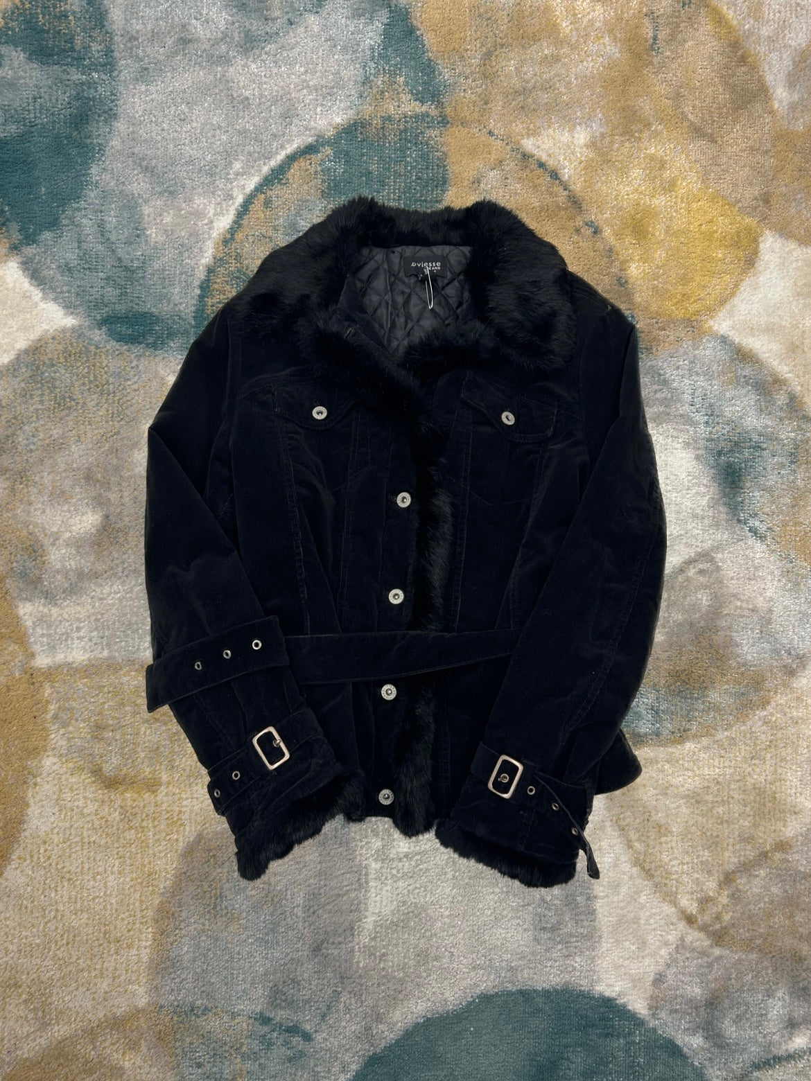 Y2k black courdoy and fur heavy jacket