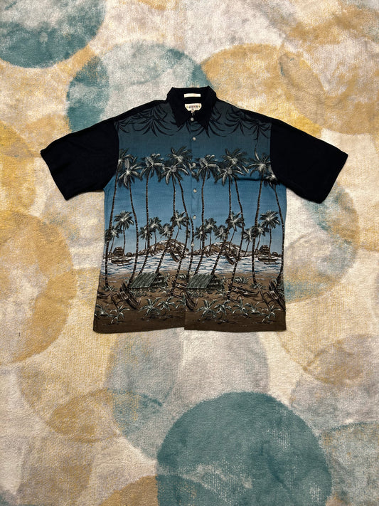 Black and dark blue sunset Palmtree vintage cotton shirt