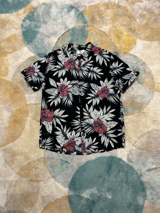 Black white and burgundy floral shirt