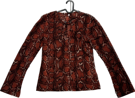 Red Mesh Snake Pattern Long Sleeve Mesh Top