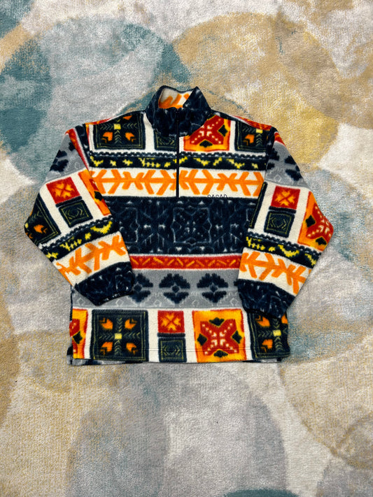 Retro orange red and blue geometric fleece half-zip