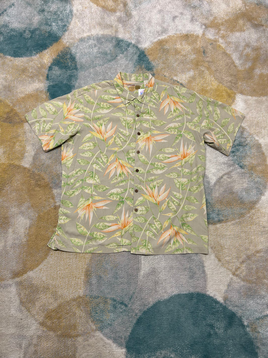 Beige green flower silk shirt