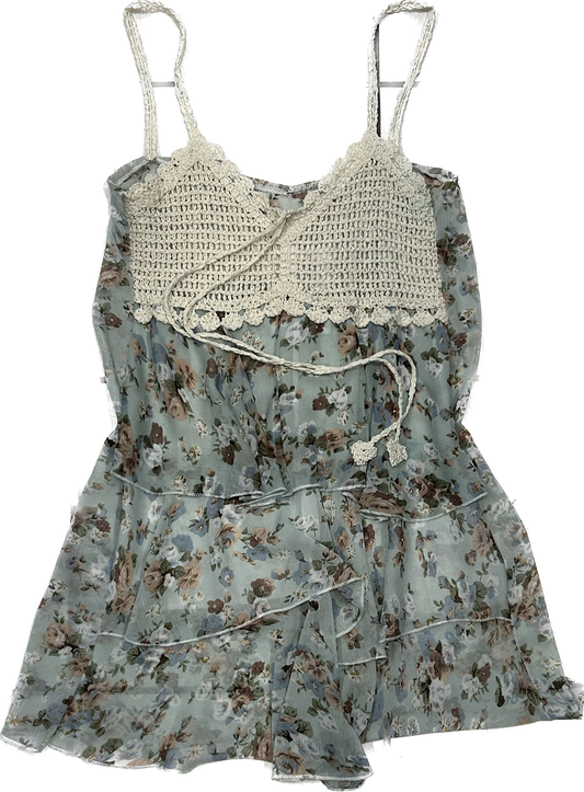 Cottage core teal fringe dress with knit detailing