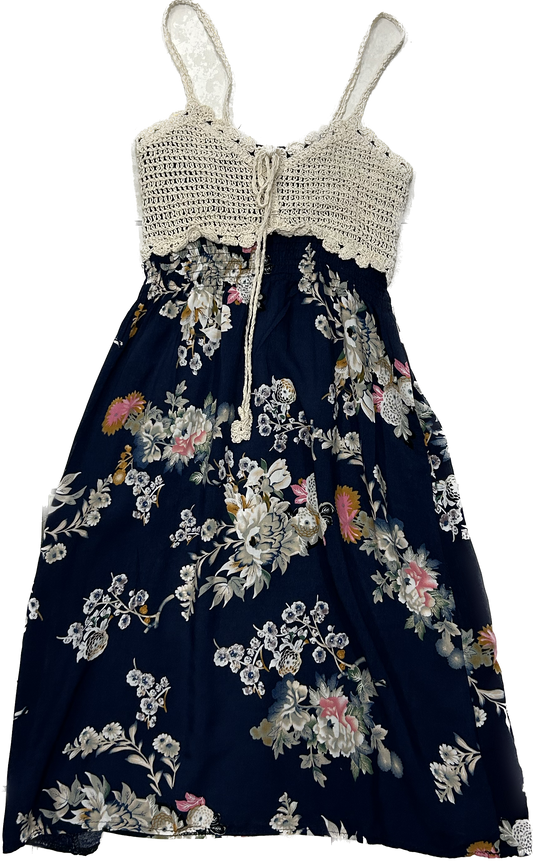 Dark Blue Floral and Knit Dress