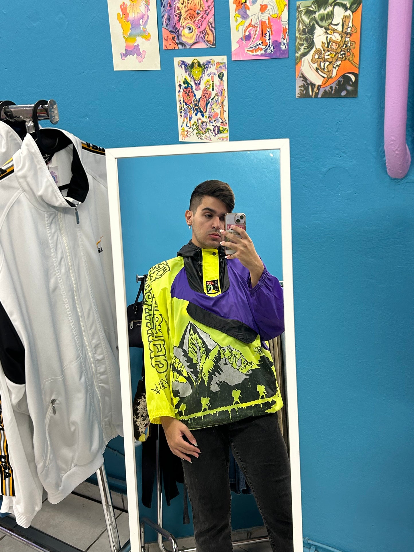 Retro neon green and purple Mongolian expedition windbreaker
