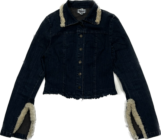 Dark Denim Y2K Cropped Jacket with Fur Detailing